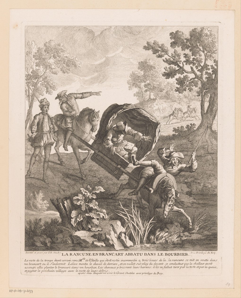 Bärvagn med hästar faller i vattnet La Rancune en stretcher abbatu dans le bourbier (titel på objekt) Scener från Scarrons Roman Comique (serietitel) av Jean Baptiste Oudry