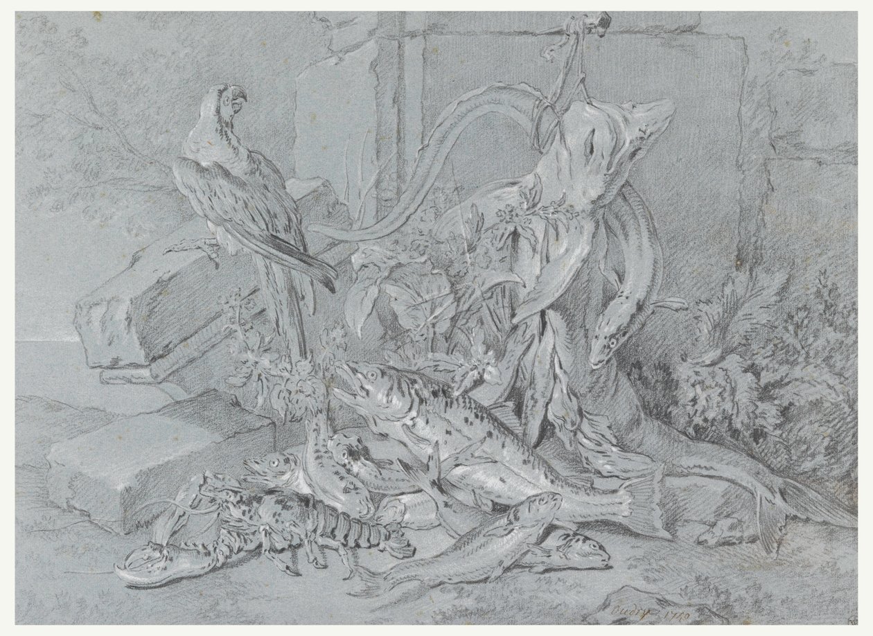Teckning, Stilleben med fisk och papegoja, 1740 av Jean-Baptiste Oudry