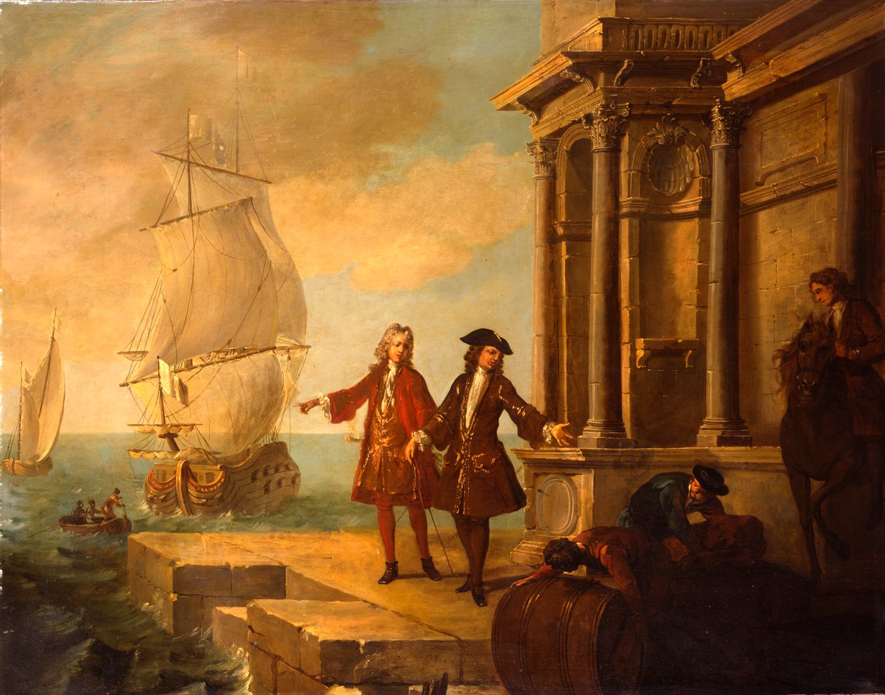 Europa - Europeiska köpmän med stuvare som hanterar en tunna och en bal på en kaj, 1724 av Jean Baptiste Oudry