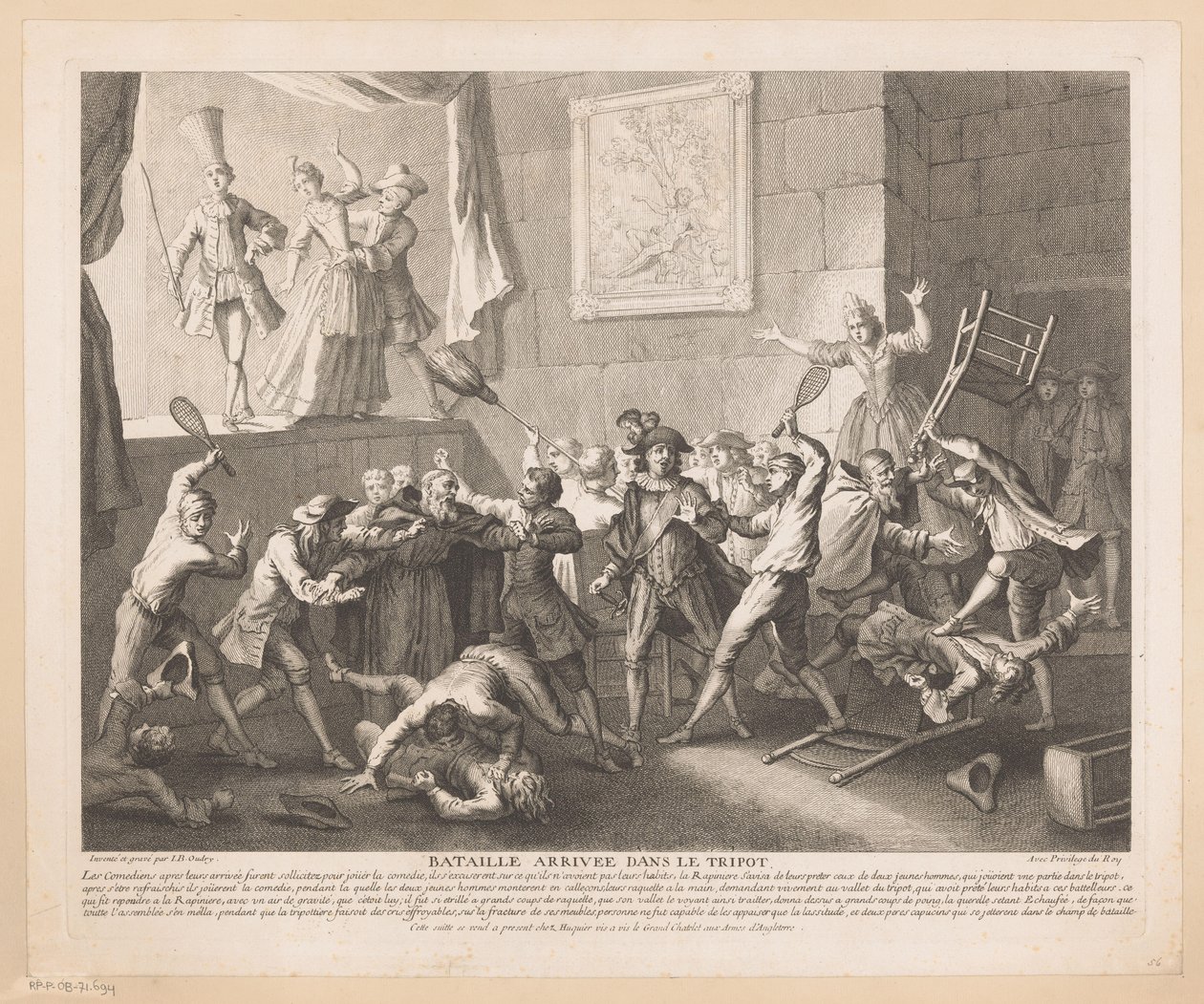 Slåss på en teater Bataille arrivée dans le tripot (titel på objekt) Scener från Scarrons Roman Comique (serietitel) av Jean Baptiste Oudry