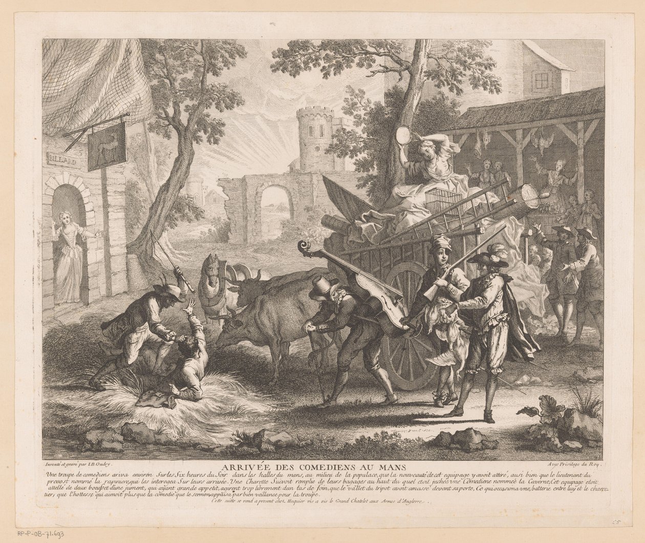 Company anländer till ett värdshus Arrivée des comediens au Mans (titel på objekt) Scener från Scarrons Roman Comique (serietitel) av Jean Baptiste Oudry