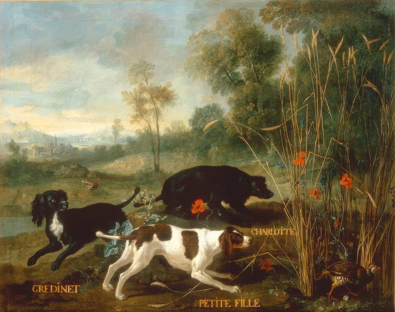 Gredinet, Little Girl och Charlotte, tre av Lous spaniels av Jean Baptiste Oudry