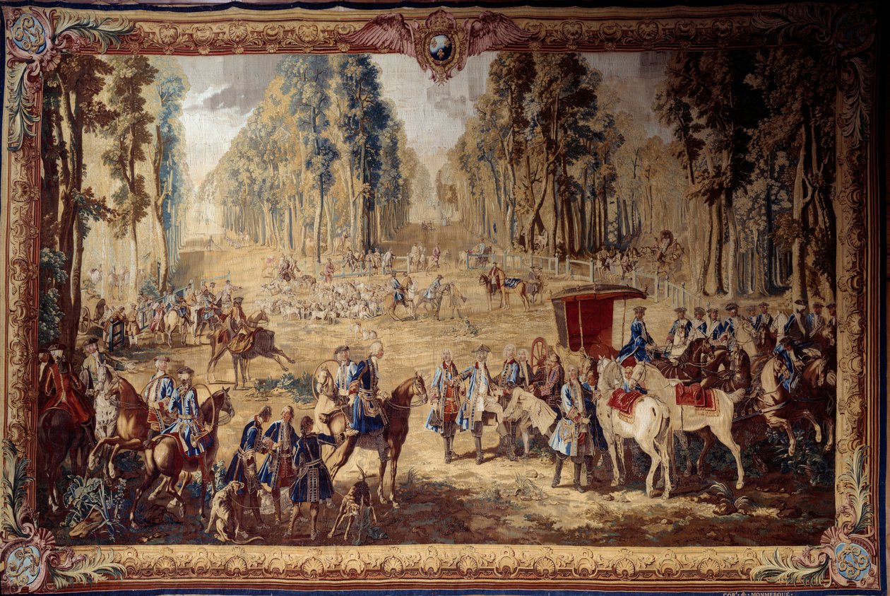 Hängning som skildrar Ludvig XVI:s jakt: mötet vid korsningen av kungens brunn i Compiegnes skog. Gobeläng av Jean Baptiste Oudry (1686-1755) 1737 sön. 4,3x6,55 m Compiegne, musee national du chateau av Jean Baptiste Oudry