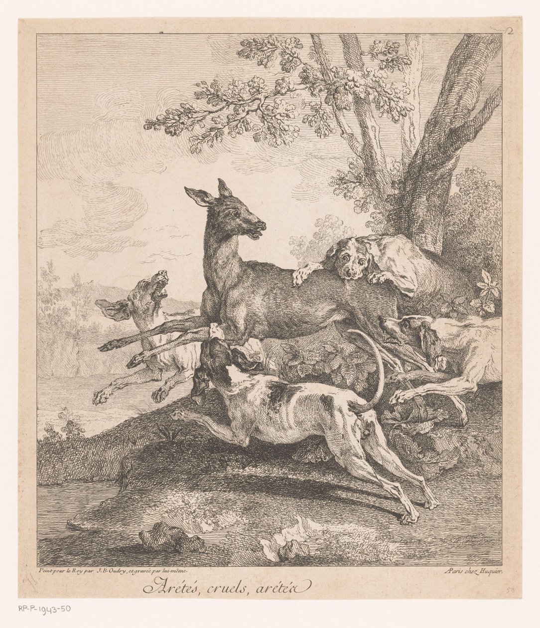 Rådjur attackerade av jakthundar Arrêtés, grymheter, arrêtez (...) (titel på objekt) Jaktscener (serietitel) av Jean Baptiste Oudry