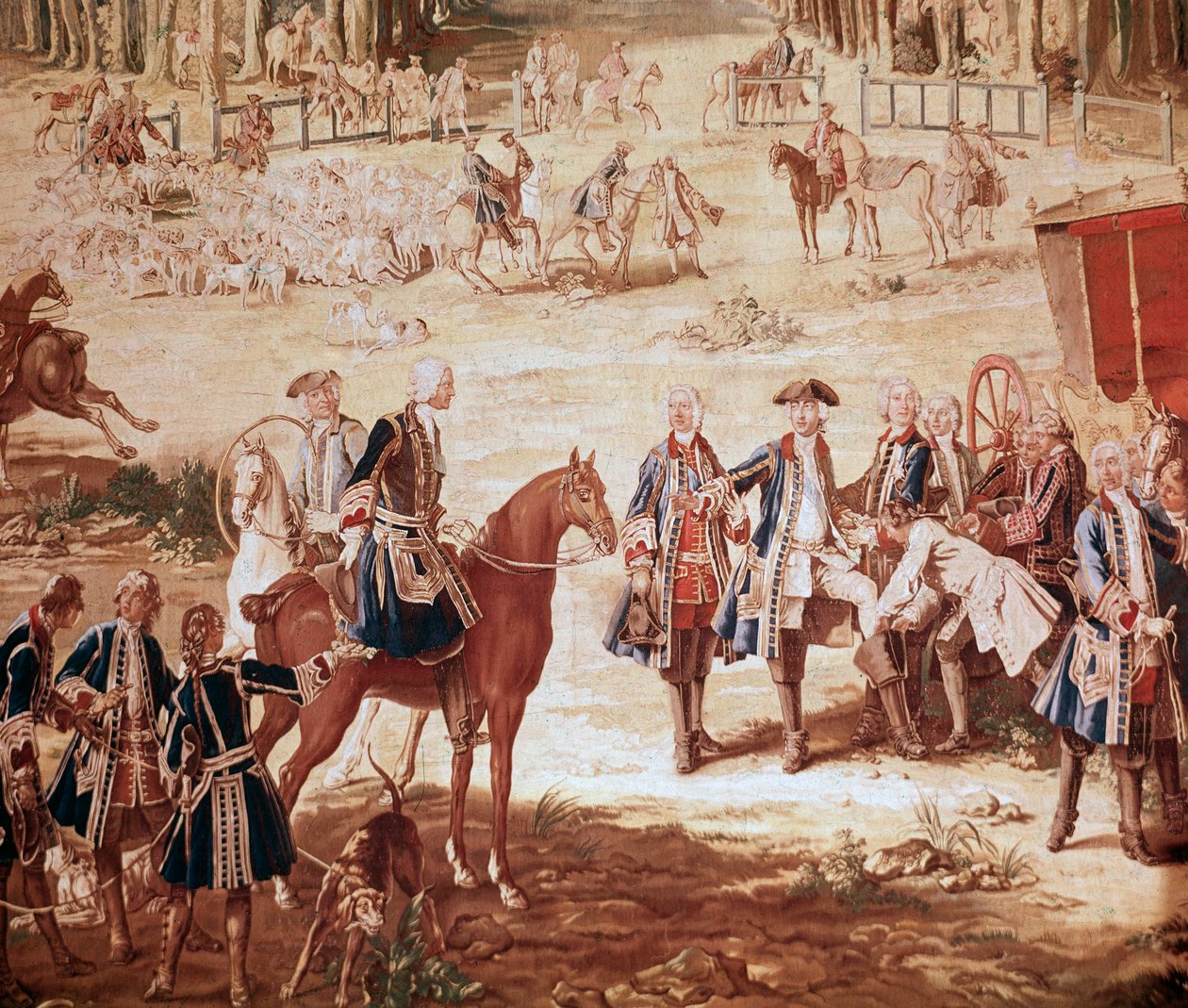Jakten på Ludvig XV Kung Ludvig XV jagar i skogen i Compiegne (Jakten på Ludvig XV - Gobeläng) början på paketet Detalj - Gobeläng av Jean Baptiste Oudry (1686-1755) av Jean Baptiste Oudry