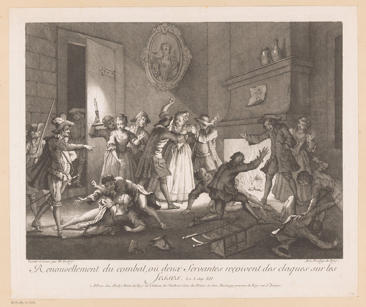 Interiör med grupp vechtende människor Förnyelse av kampen där två tjänare får smällar på baken (titel på objekt) Scener från Roman Comique van Scarron (serietitel) av Jean Baptiste Oudry