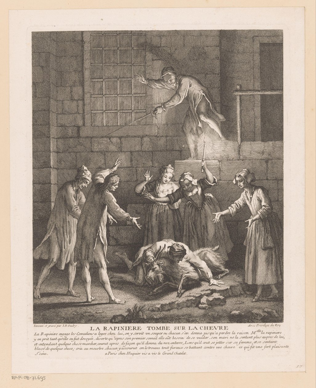 Man valt bovenop en geit La Rapinière faller på geten (titel på objektet) Scener från Roman Comique van Scarron (serietitel) av Jean Baptiste Oudry