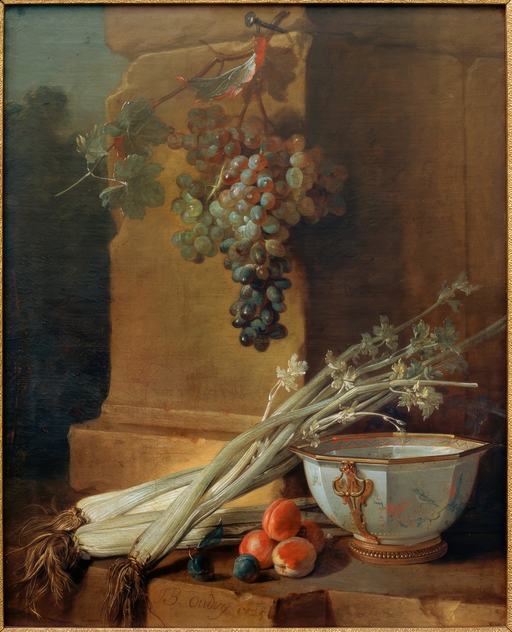 Stilleben med frukt, selleri och en kopp por av Jean Baptiste Oudry