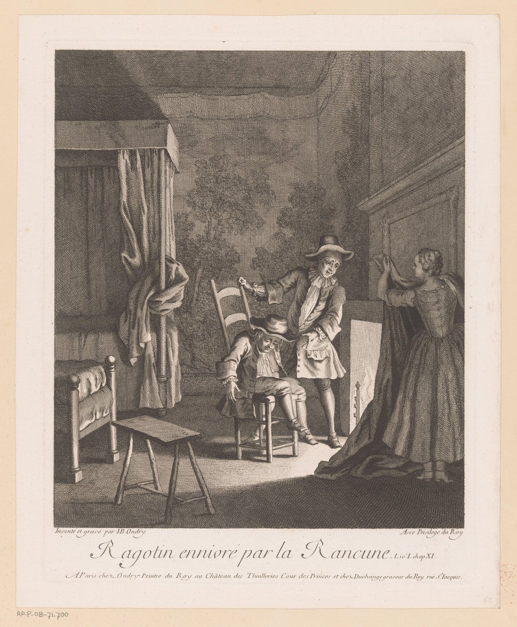 Ragotin berusad på en stol vid elden Ragotin ennivré par la Rancune (titel på objekt) Scener från Scarrons Roman Comique (serietitel) av Jean Baptiste Oudry
