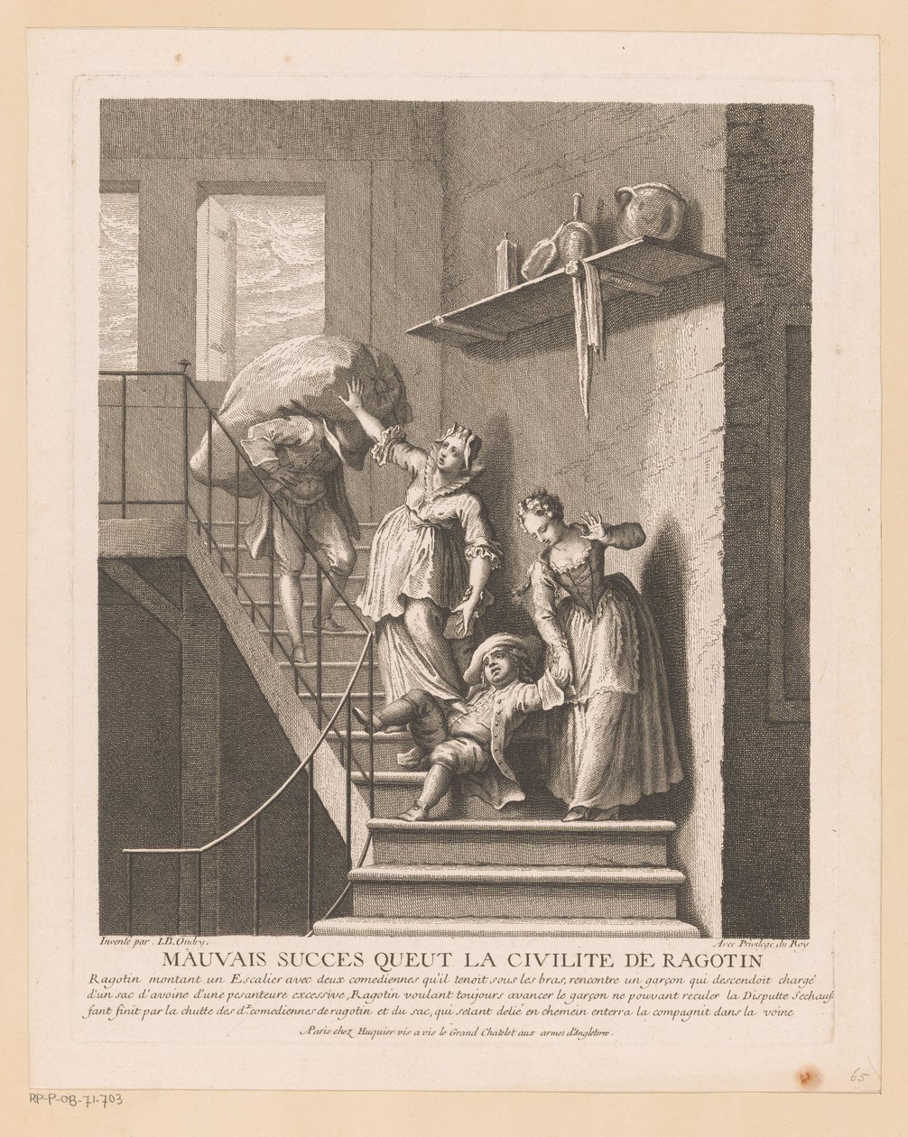 Ragotin träffade två damer på en fälla Dålig framgång som Ragotins hövlighet hade (titel på objekt) Scener från Roman Comique van Scarron (serietitel) av Jean Baptiste Oudry