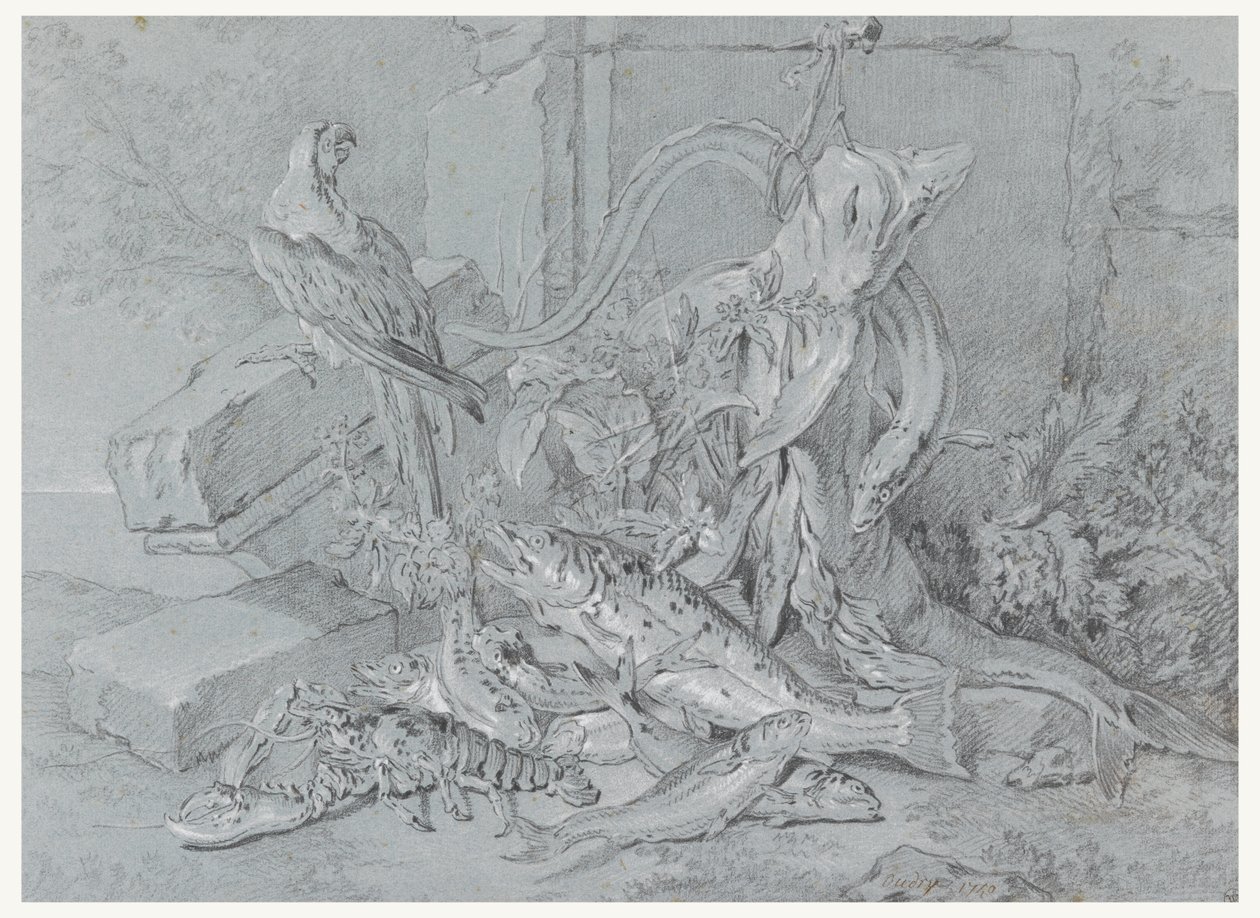 Stilleben med fisk och papegoja av Jean Baptiste Oudry