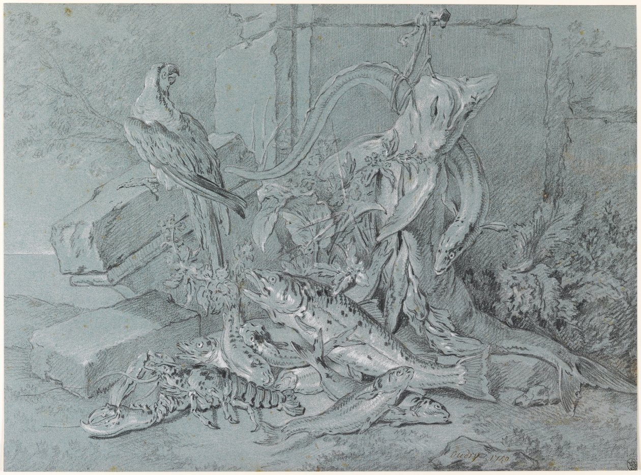 Stilleben med fisk och papegoja av Jean Baptiste Oudry