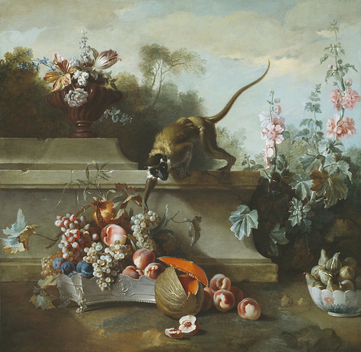 Stilleben med apa, frukter och blommor, 1724 av Jean Baptiste Oudry