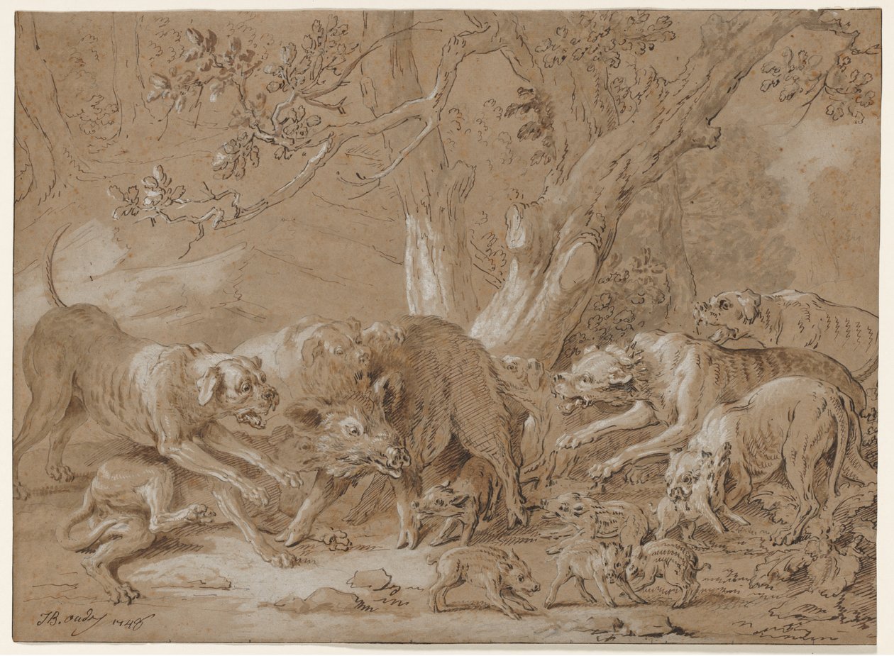 Vild sugga och hennes unga attackerade av hundar, 1748. av Jean Baptiste Oudry