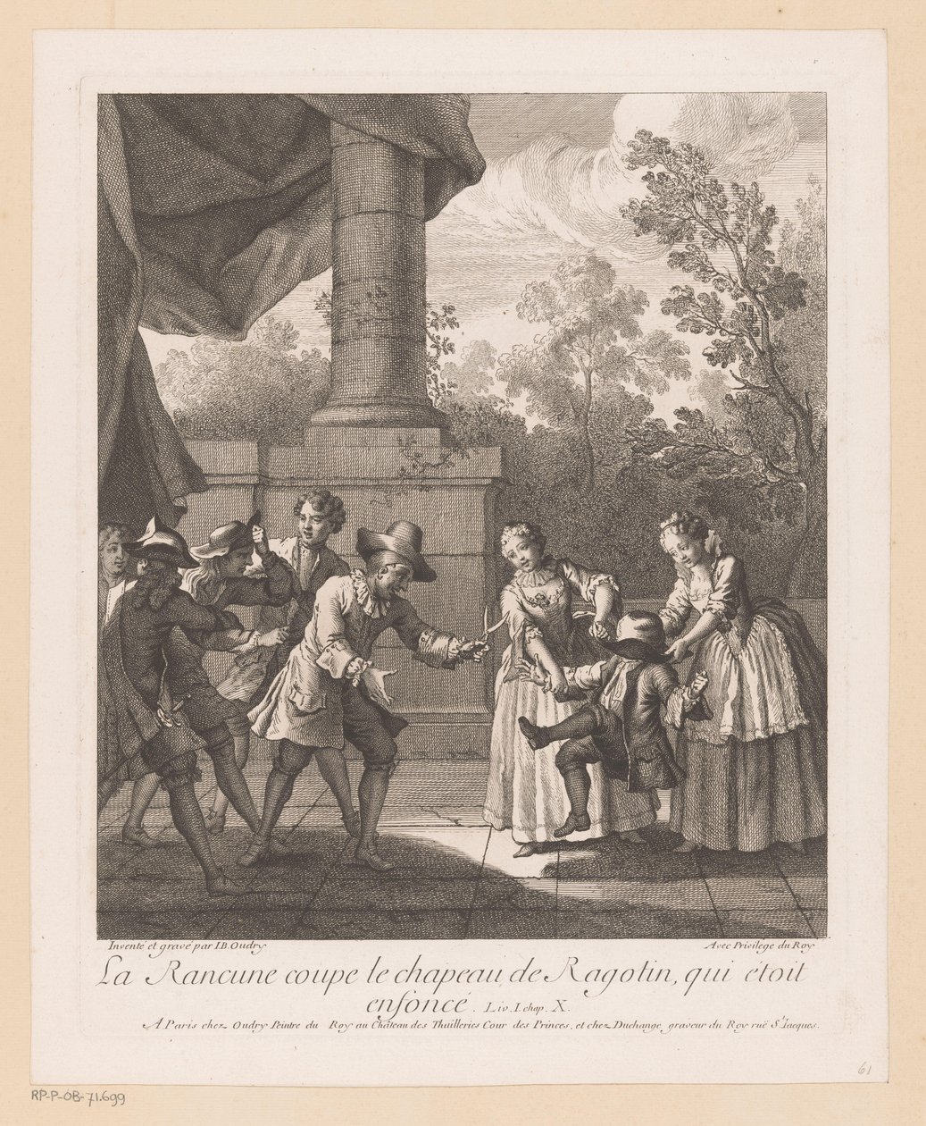 Wrok knipt av hoed van Ragotin La Rancune skär av Ragotins hatt (titel på objekt) Scener från Roman Comique van Scarron (serietitel) av Jean Baptiste Oudry