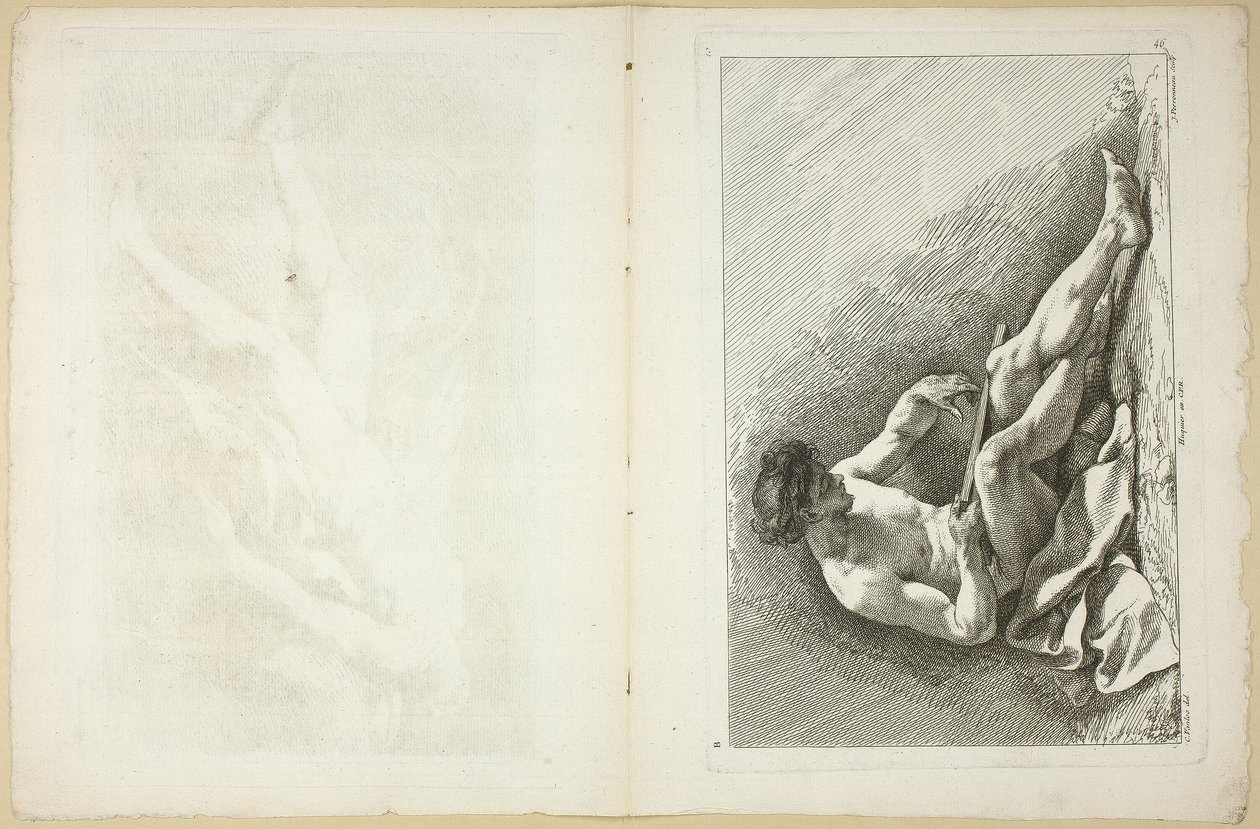 Figur (recto och verso), från andra boken av figurer av akademier graverad delvis av professorerna i Royal Academy av Jean Baptiste Perronneau