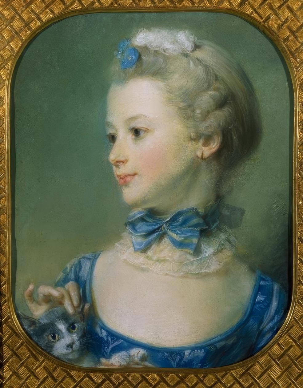 Den lilla flickan med katten (Porträtt av Mlle Huquier) av Jean Baptiste Perronneau