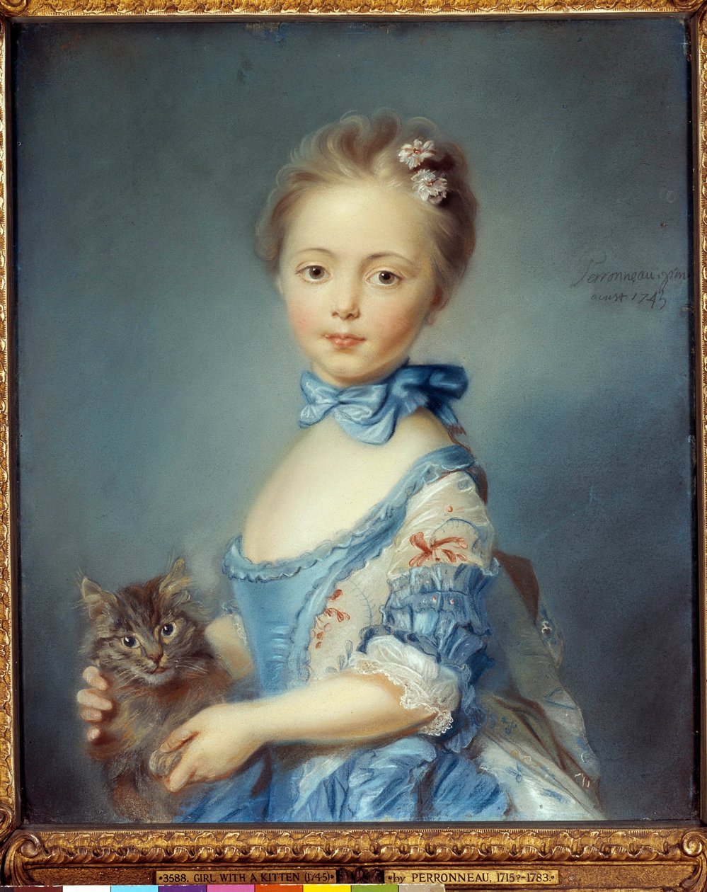 Porträtt av den unga flickan med en katt Målning i pastell av Jean-Baptiste Perroneau (Jean Baptiste Perronneau) (1715-1783) av Jean Baptiste Perronneau