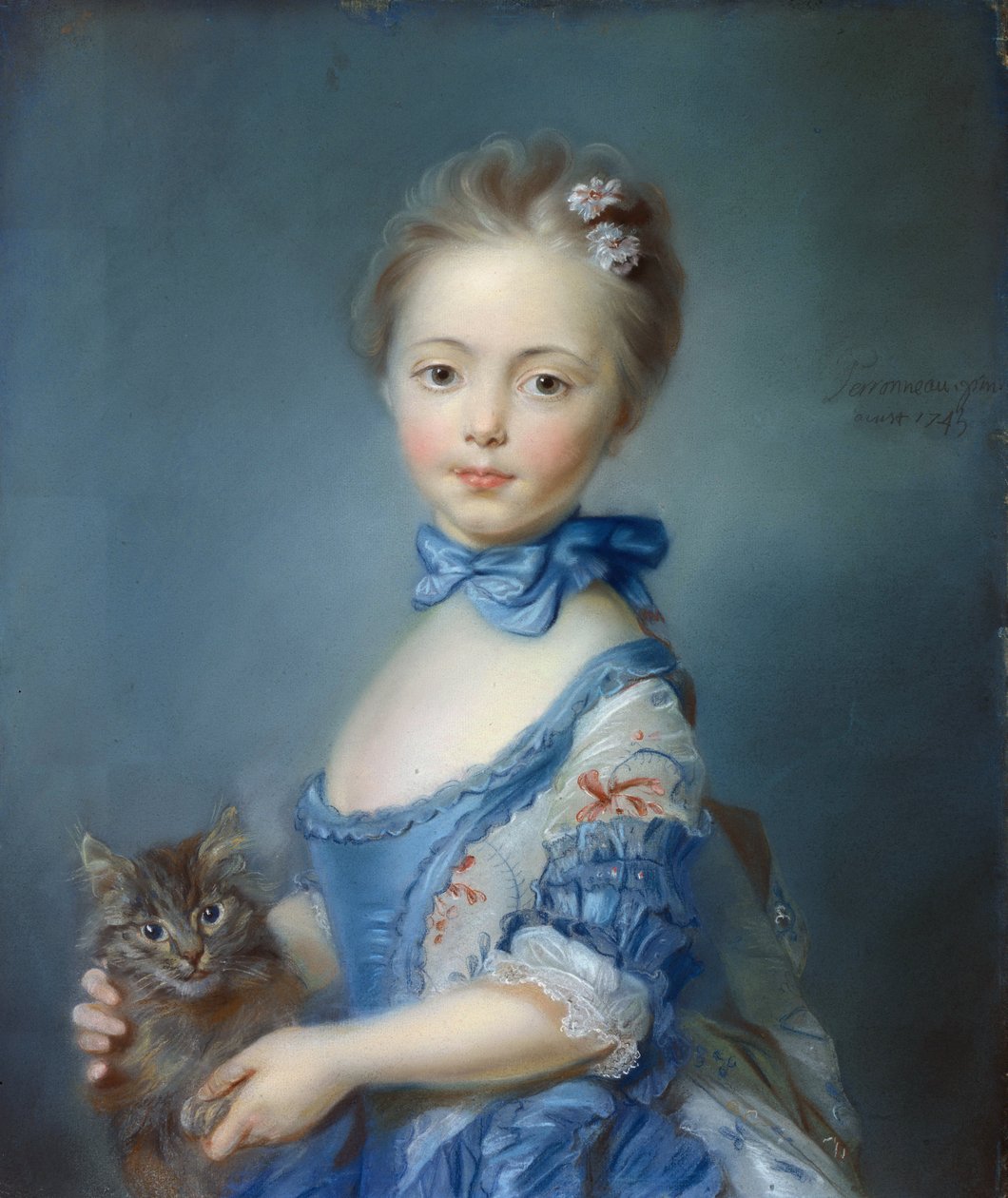 Porträtt av den unga flickan med en katt” Pastellmålning av Jean-Baptiste Perroneau (Jean Baptiste Perronneau) (1715-1783) av Jean Baptiste Perronneau