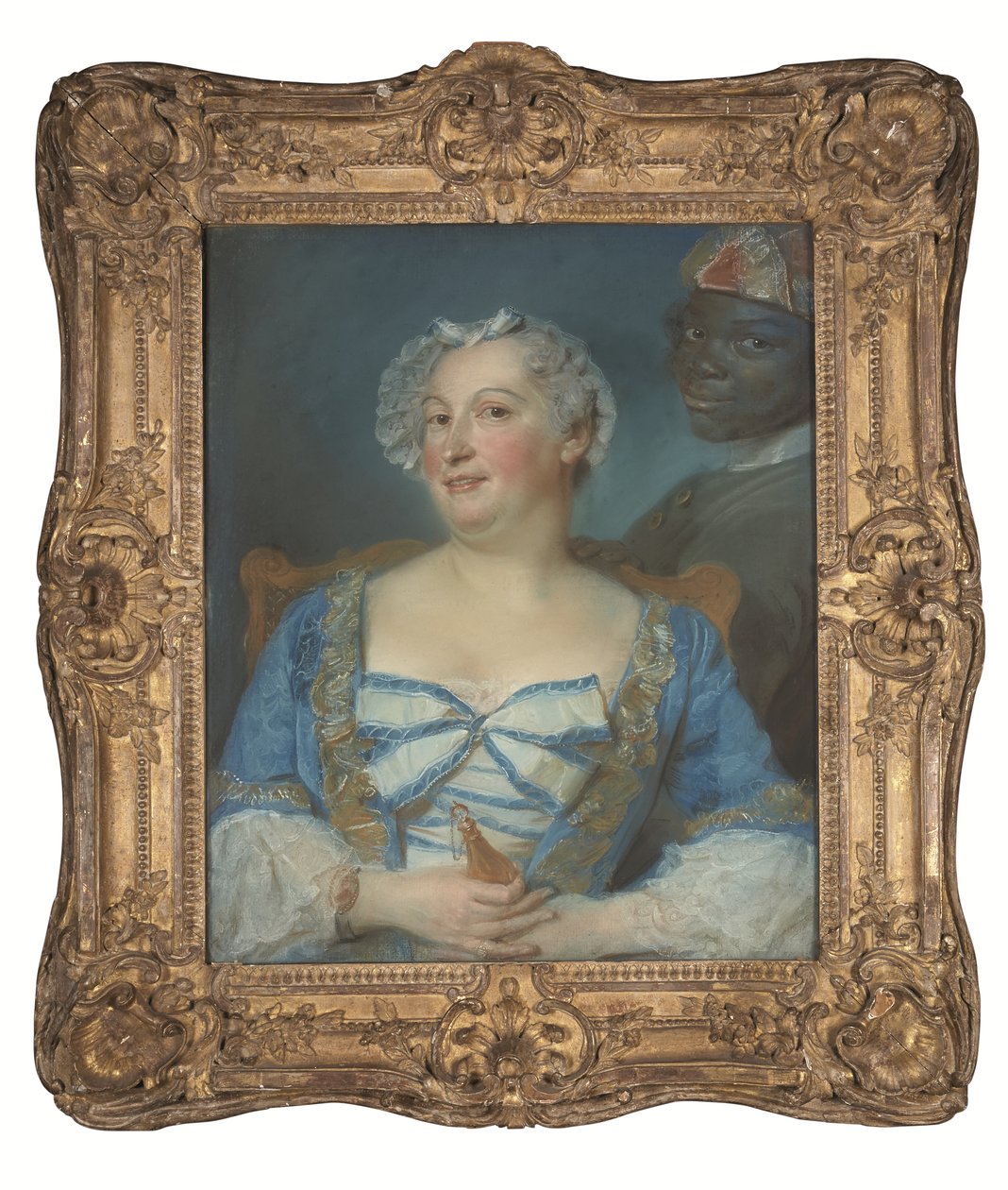 Porträtt av en kvinna i blå klänning och hennes svarta betjänt av Jean Baptiste Perronneau