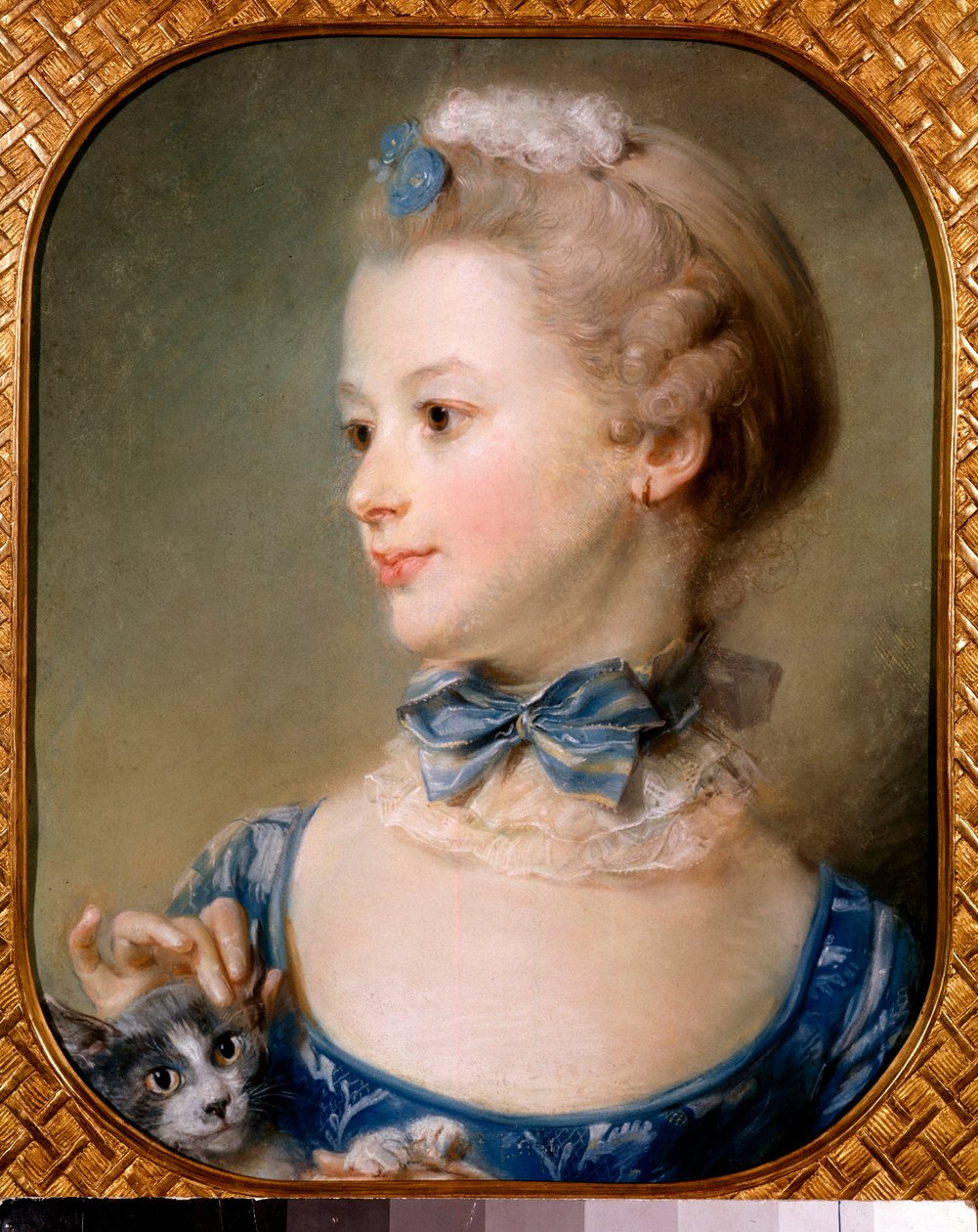 Porträtt av en liten flicka med en katt - Den unga damen har ett band och en lätt slöja runt halsen med en knut och smeker huvudet på en katt med fingertopparna - Pastellmålning av Jean-Baptiste Perroneau (Jean Baptiste Perronneau) (1715) -1783) 1700-talet av Jean Baptiste Perronneau