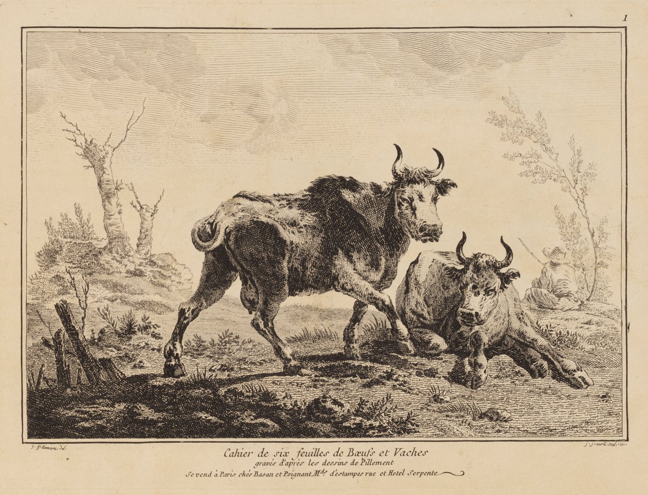 Anteckningsbok med sex ark oxe och kor av Jean Baptiste Pillement
