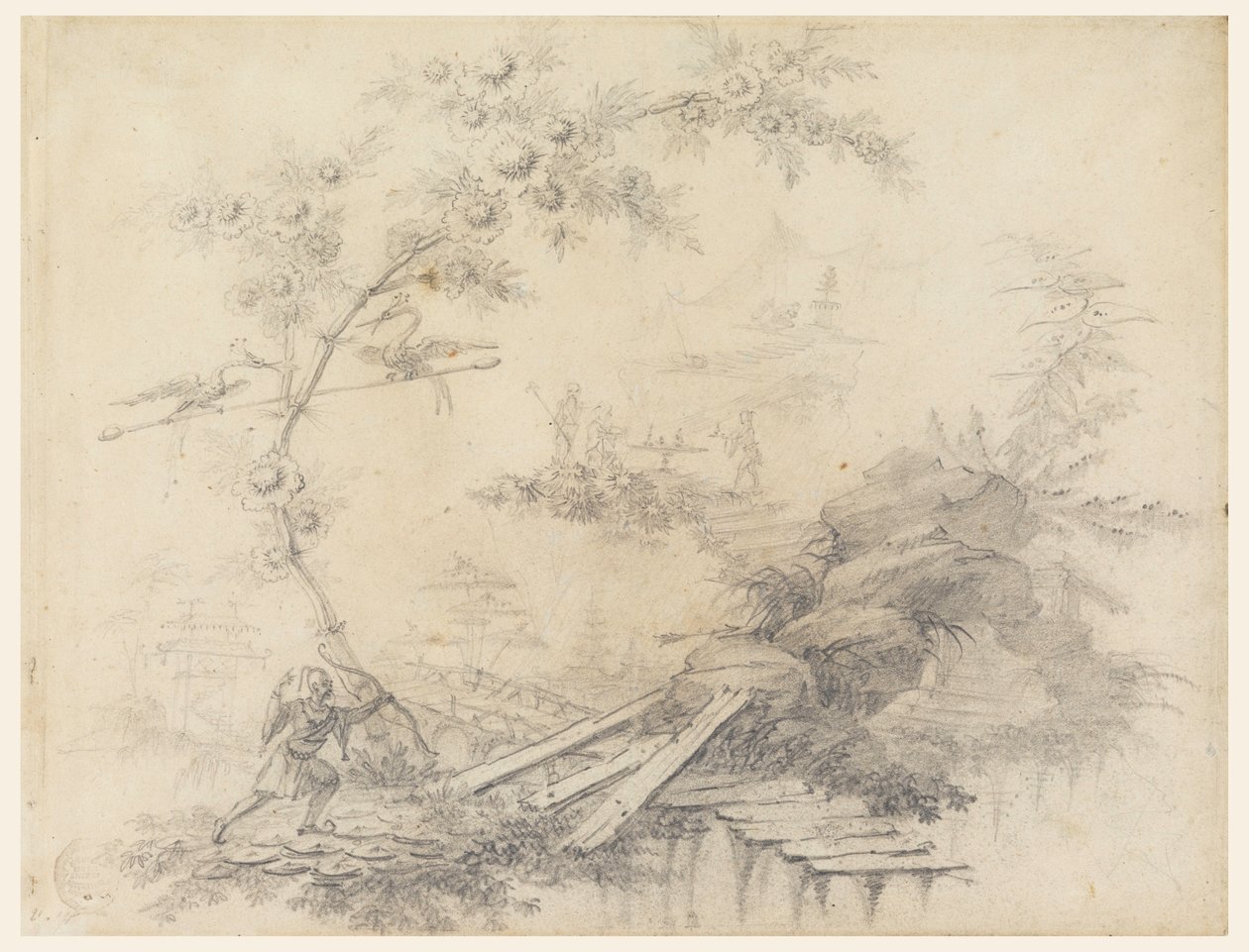 Teckning, Chinoiserie-fantasi, ca 1780 av Jean Baptiste Pillement