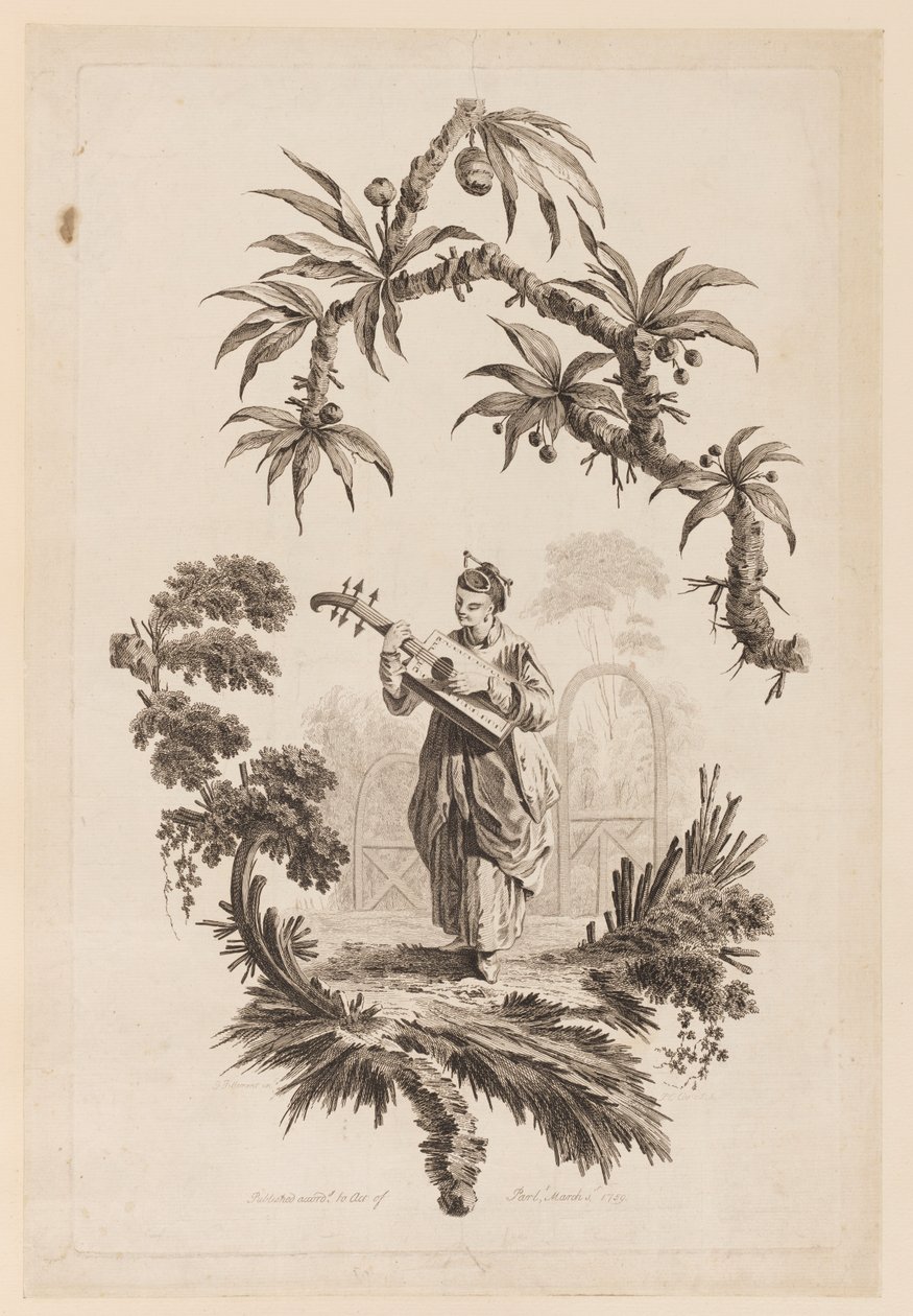 Figur som spelar musikinstrument under gren av Jean Baptiste Pillement