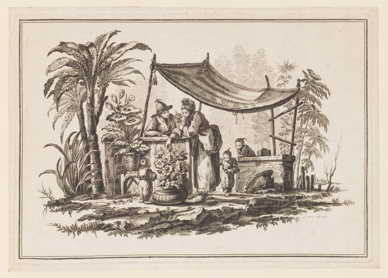 Figurer med en vas med blommor, från "Ny anteckningsbok med sex ark av olika historiska kinesiska ämnen" av Jean Baptiste Pillement