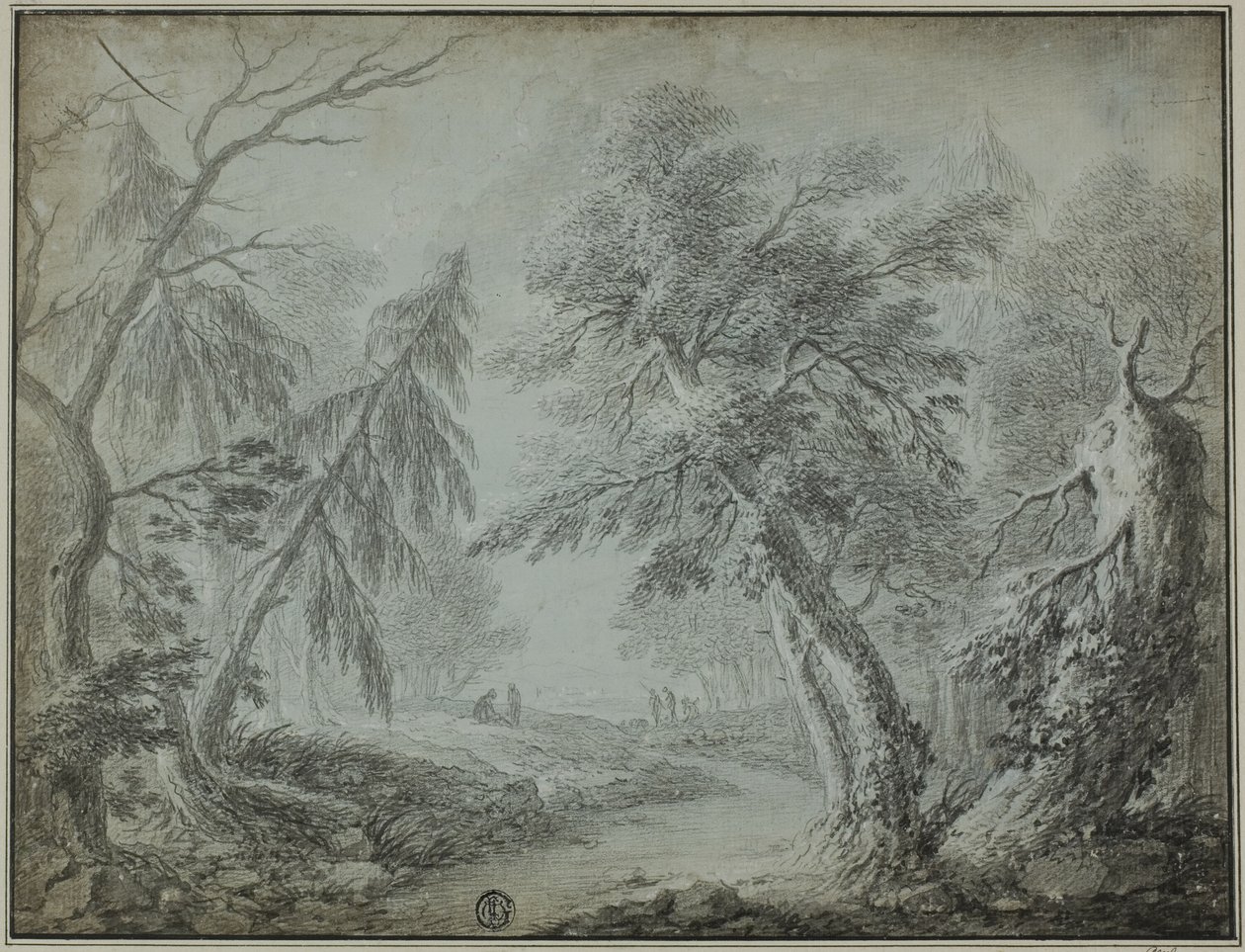 Skog med bäck och figurer av Jean Baptiste Pillement