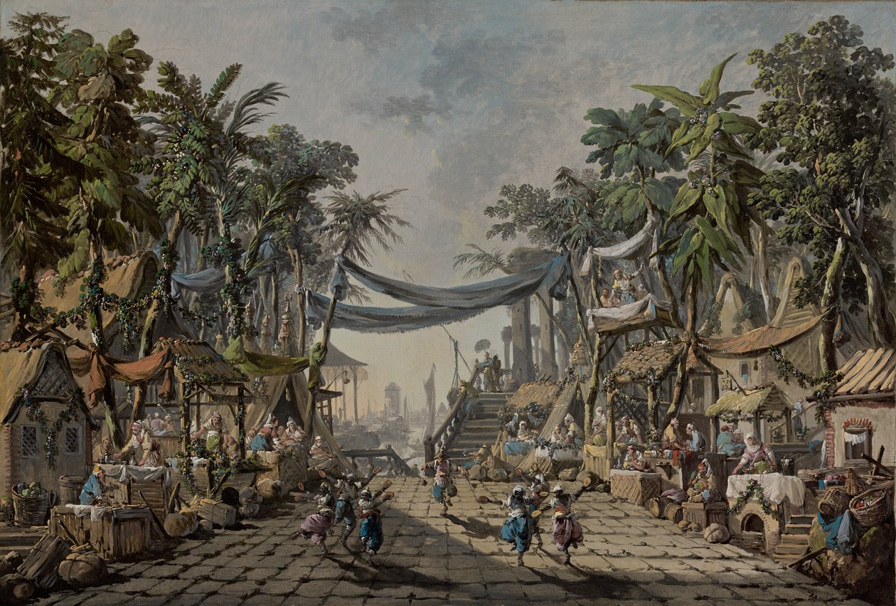 Marknadsscen i en imaginär orientalisk hamn av Jean Baptiste Pillement