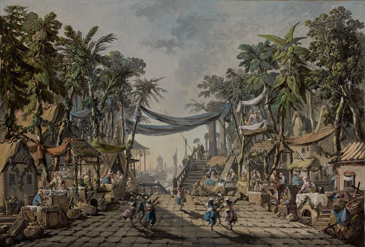 Marknadsscen i en imaginär orientalisk hamn, ca. 1764 (olja på duk) av Jean Baptiste Pillement