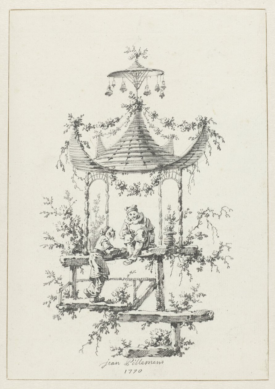 Prydnadskomposition i chinoiserie stil Ornamental design i chinoiserie-stil för Deuxième Cahier de six Baraques Chinoises (serietitel) av Jean Baptiste Pillement
