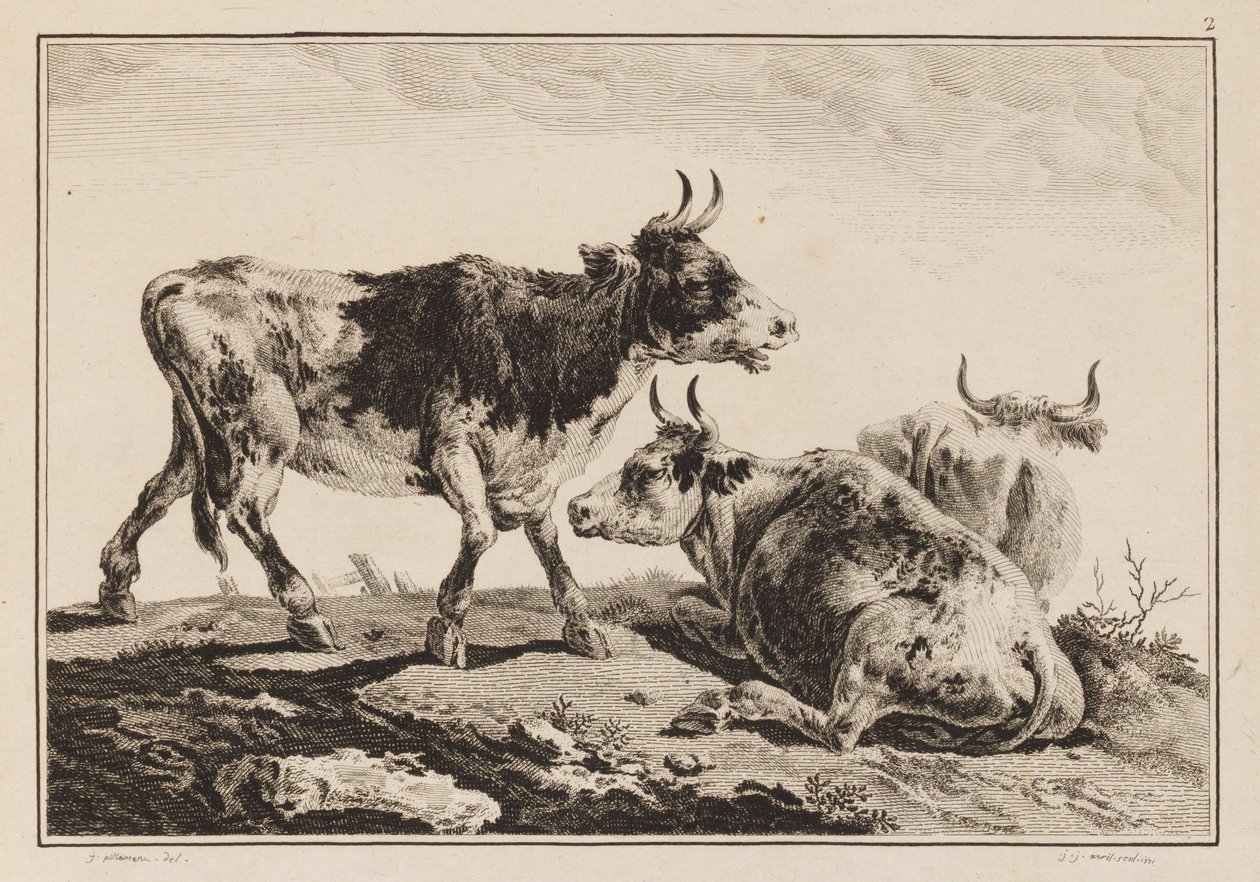 Tavla 2, från "Anteckningsbok med sex ark oxar och kor" av Jean Baptiste Pillement