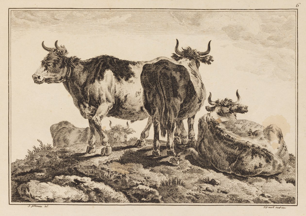 Tavla 6, från "Anteckningsbok med sex ark oxar och kor" av Jean Baptiste Pillement