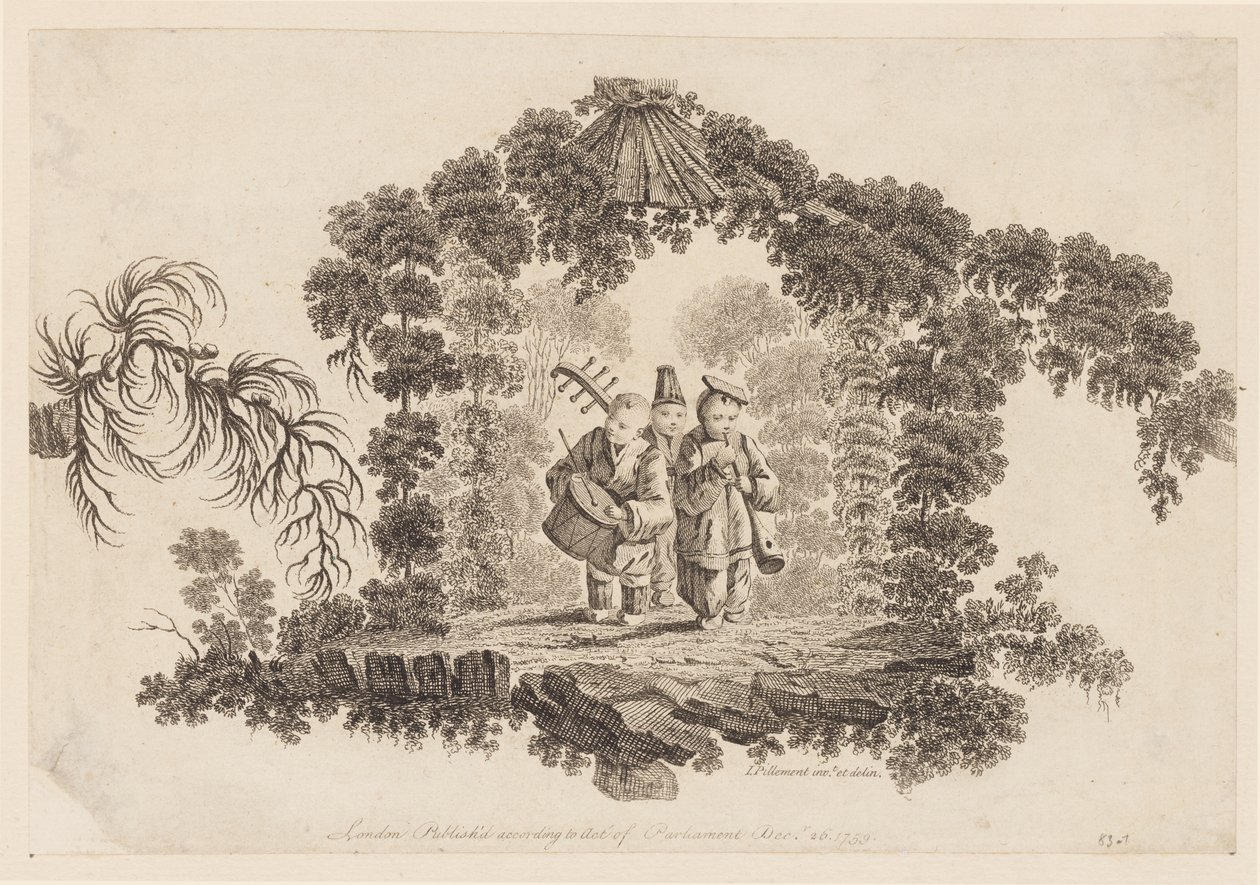 Tre figurer som spelar musikinstrument, från "Samling av flera kinesiska barnspel" av Jean Baptiste Pillement