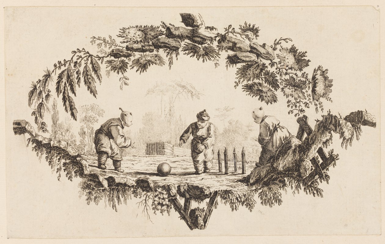 Tre figurer som leker med en boll, från "Samling av flera kinesiska barnspel" av Jean Baptiste Pillement