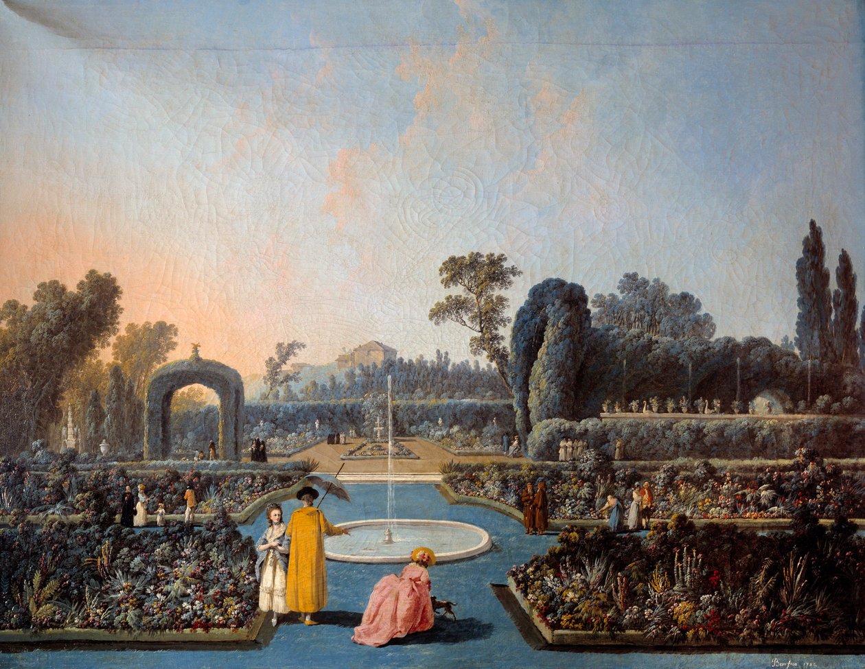 Utsikt över Benficas trädgårdar i Lissabon Målning av Jean Pillement (1728-1808) 1785 Paris, dekorativ konst av Jean Baptiste Pillement