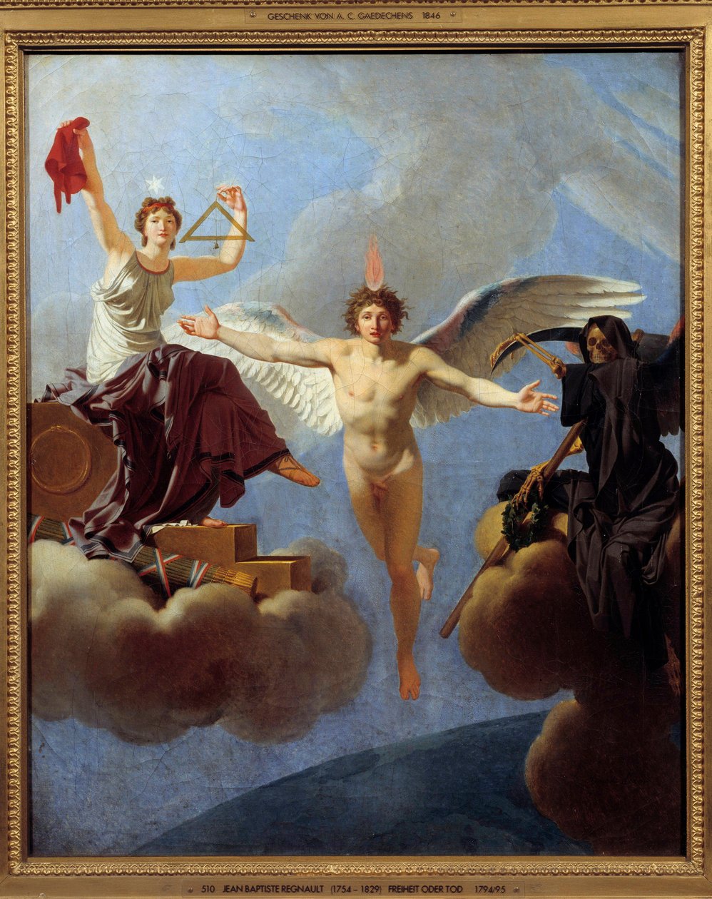 La Liberte ou la Mort Allegorie de la Liberte till vänster, täckt av Diademe de la Reason, arv från Siecle des Lumieres. Med sin vänstra hand viftade hon torget och blytråden som symboliserar jämlikhet i medborgarskap. Den förkroppsligar värdena för t av Jean Baptiste Regnault