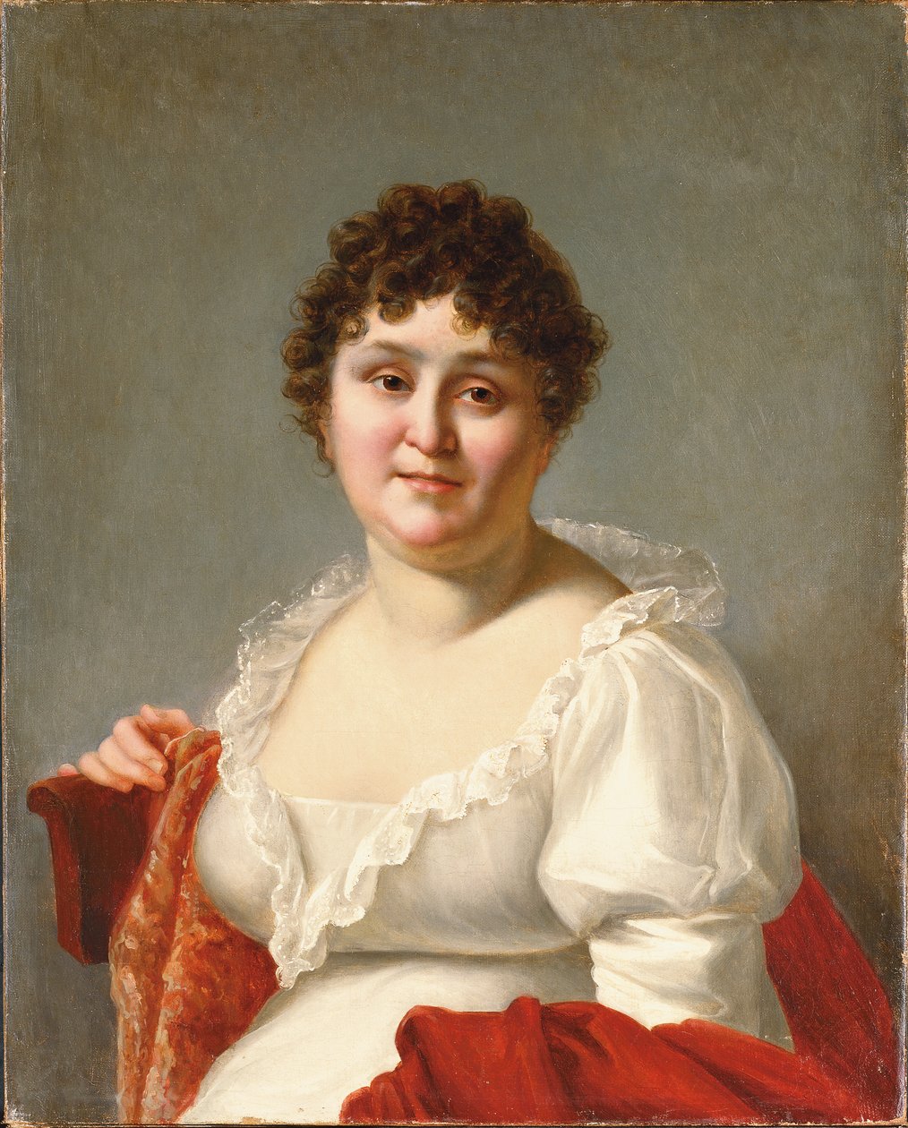 Porträtt av Madame Regnault, bystlång, i vit klänning och persimmonsjal (olja på duk) av Jean Baptiste Regnault