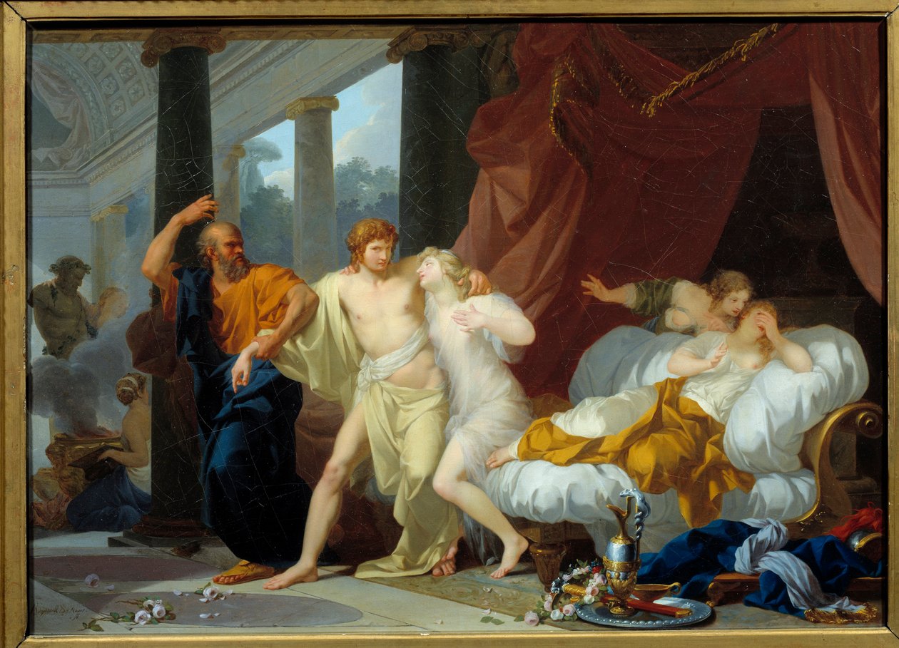 Sokrates drar Alcibiade ur voluptens sköte Filosofen Sokrates tränar sin lärjunge Alcibiade (450-404 f.Kr.) bort från förtappelsens platser. Målning av Jean Baptiste Regnault (1754-1829) 1791 sön. 0,46x0,63 m av Jean Baptiste Regnault