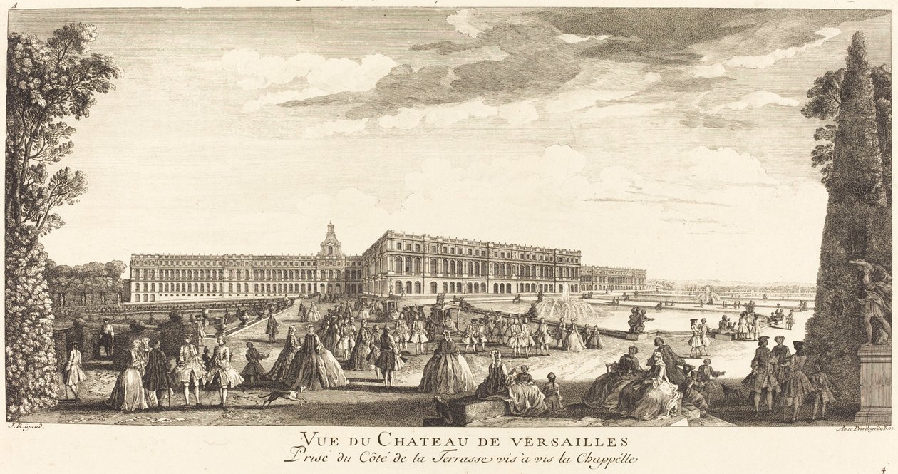 Utsikt över slottet i Versailles tagen från sidan av terrassen mittemot kapellet av Jean Baptiste Rigaud