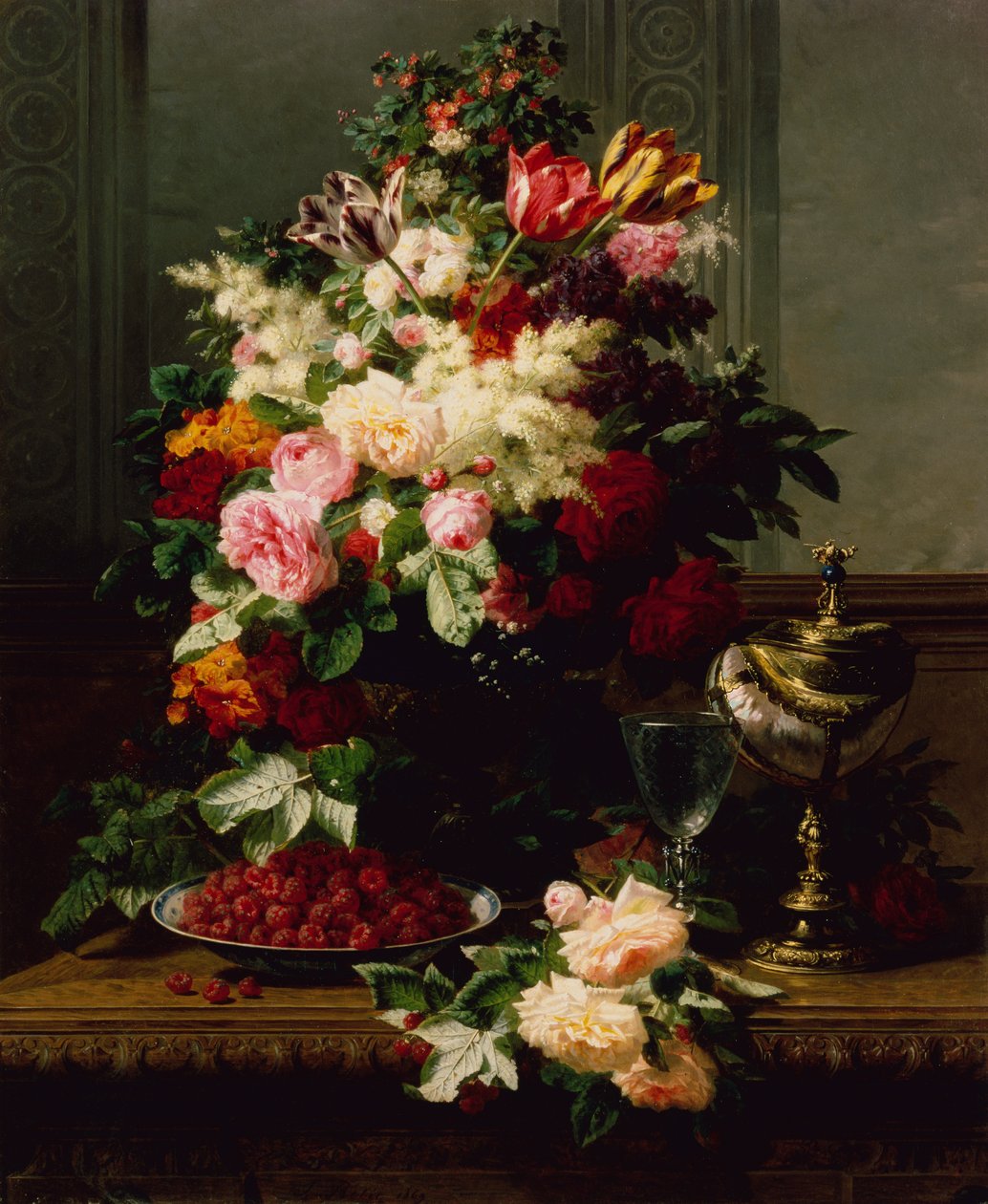 Ett stilleben av rosor, tulpaner och andra blommor på en tysk kompott av Jean Baptiste Robie