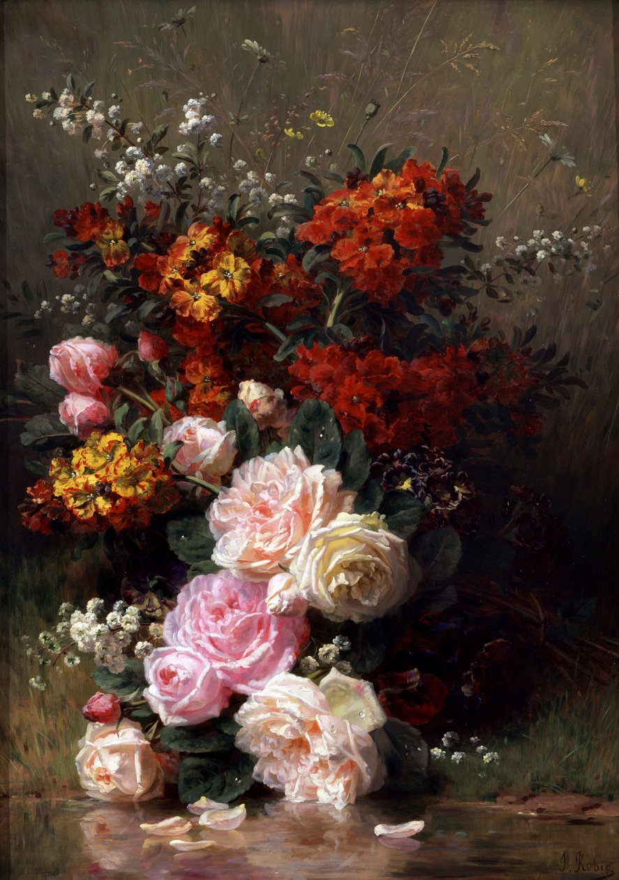 Sommarblommor (bl.a. rosor och pelargoner). Målning av Jean Baptiste Robie (1821-1910) Privat samling. av Jean Baptiste Robie