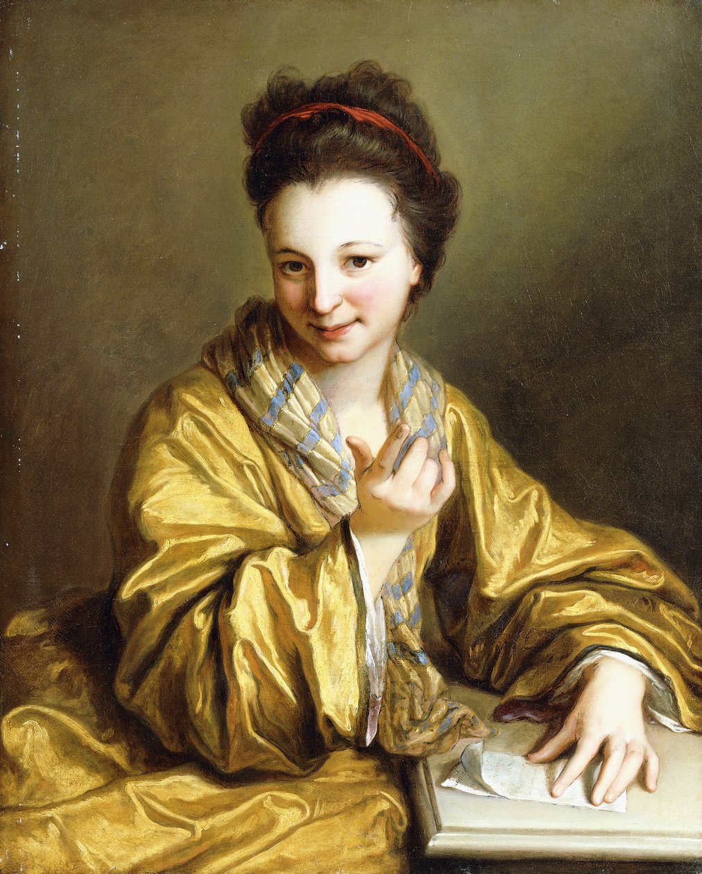 En ung dam, iklädd en gul mantel, sittande vid ett bord, vinkar, 1703 av Jean Baptiste Santerre