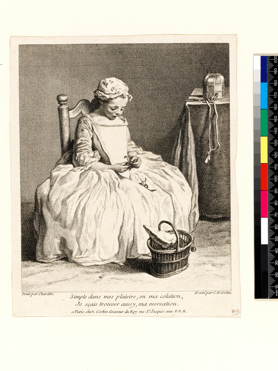 Liten flicka med sin lunch (La Petite Fille aux Cerises) graverad av Charles Nicolas Cochin I (1688-1754) 1738 (etsning och gravyr) av Jean Baptiste Simeon (after) Chardin