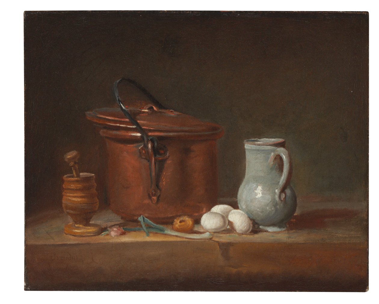 En kopparkastrull, en mortelstöt, en kanna, en salladslök, ägg och en lök på en hylla av Jean Baptiste Simeon Chardin