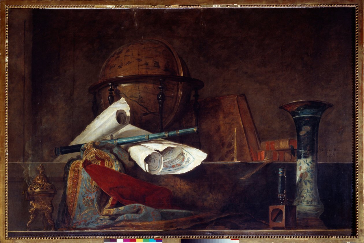 Vetenskapens allegori Stilleben, jordglob, geografiska kartor, böcker och vas. Målning av Jean Baptiste Simeon Chardin (1699-1779) 1700-talets Paris, Musée Jacquemart Andre av Jean Baptiste Simeon Chardin