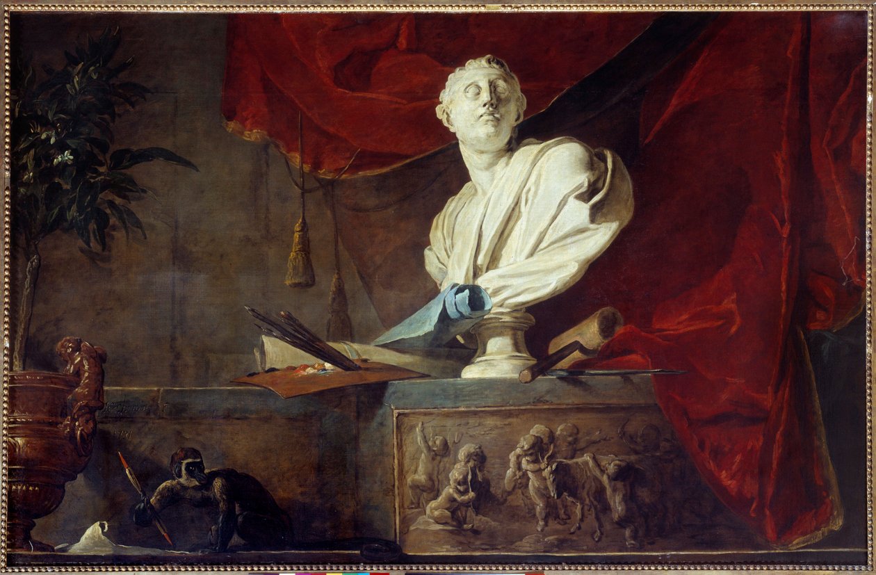 Allegory of the Arts Stilleben skulpterad byst, palett och penslar, duk, roller. Målning av Jean Baptiste Simeon Chardin (1699-1779) 1700-talets Paris, Musée Jacquemart Andre av Jean Baptiste Simeon Chardin