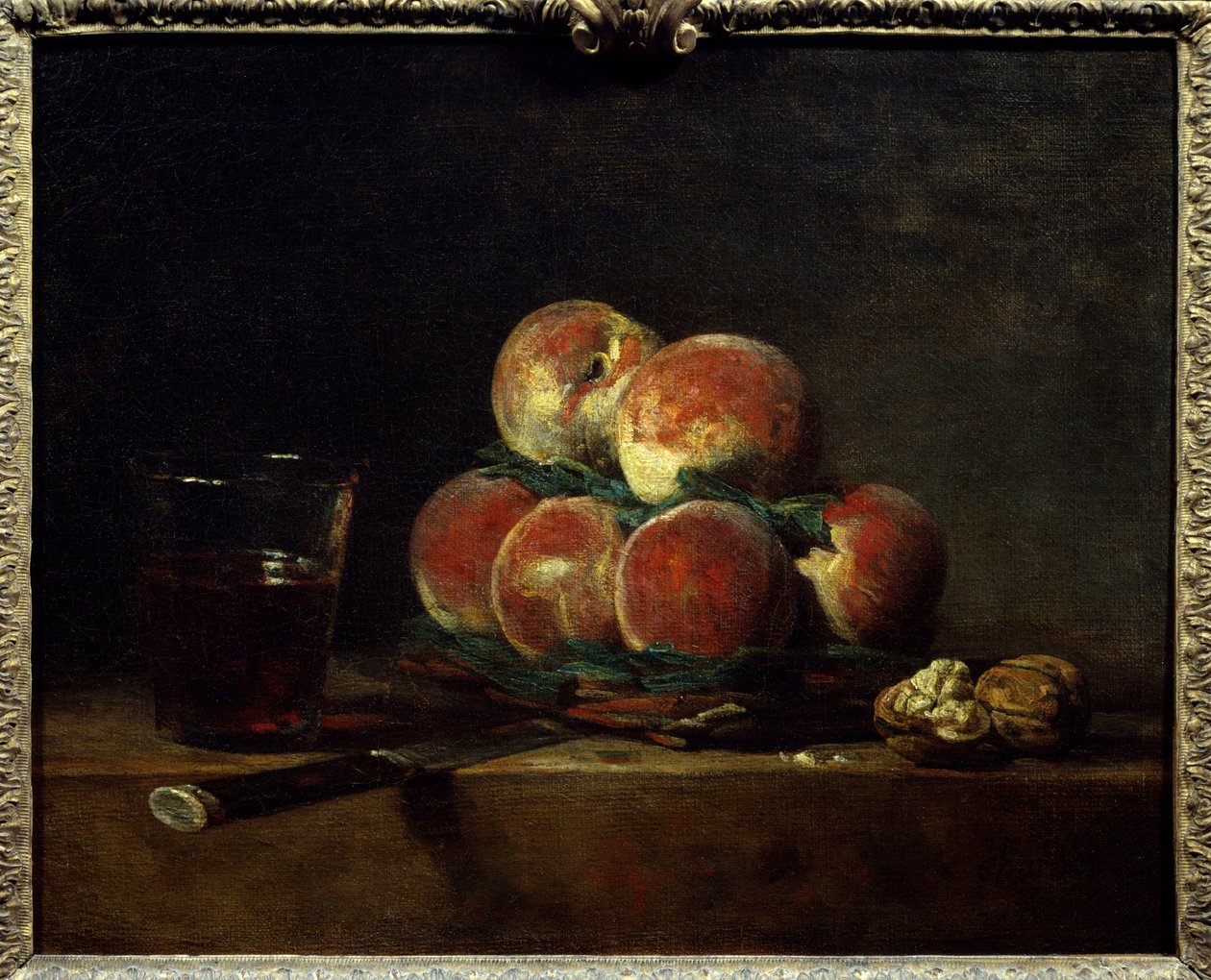 Korg med peches med nötter, kniv och ett glas vin Målning av Jean Baptiste Simeon Chardin (1699-1779) 1768 Dim. 0,32x0,39 m Paris, Louvren av Jean Baptiste Simeon Chardin